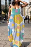 Teal Floral Print Backless Spaghetti Strap Floor Length Vacation Baggy Sundress Maxi Slip Dress