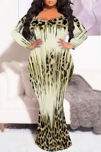 Casual Leopard Print Gradient O Neck Long Sleeve Mermaid Hem Long Plus Size Evening Party Bodycon Maxi Dress