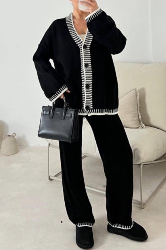 Off White Casual V Neck Long Sleeve Knitted Single-Breasted Jackets And Pants Two Piece Loungewear Outfit