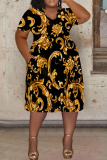 White Casual Graphics Boho Print Pocket V Neck Plus Size Pleated Midi T-shirt Dresses