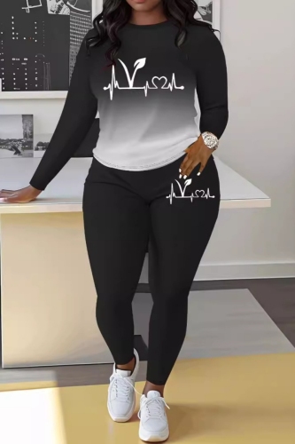 Black Casual Gradient Print O Neck Long Sleeve Sweatshirt And Skinny Sweatpants Sportwear Two Pieces Jogger Sets