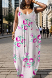 Teal Floral Print Backless Spaghetti Strap Floor Length Vacation Baggy Sundress Maxi Slip Dress