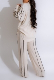 Apricot Casual Striped Print Shirt Collar Long Sleeve Buttons Blouse And Wide Leg Pants Vacation Two Pieces Trouser Sets