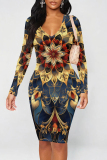 Black Gold Floral Print V Neck Long Sleeve Wrapped Skirt Bodycon Midi Dresses