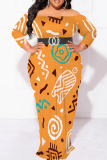 Brown Boho Graphics Print Leopard Off Shoulder Long Sleeve Plus Size Bodycon Maxi Dress