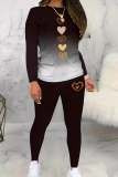 Red Casual Gradient Print O Neck Long Sleeve Sweatshirt And Skinny Sweatpants Sportwear Two Pieces Jogger Sets