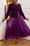 Dark Purple Casual 3D Flowers Decor Oblique Collar Long Sleeve Evening Party Formal Office Lady Pleated Maxi Dresses