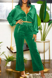 Rose Red Casual Zipper Turndown Collar Long Sleeve Jackets And Flare Leg Pants Formal Office Lady Two Pieces Velvet Trouser Sets