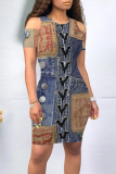 Dark Blue Casual Faux Denim Print Short Sleeve O Neck Wrapped Skirt Bodycon Midi T-shirt Dresses