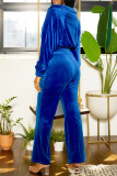 Rose Red Casual Zipper Turndown Collar Long Sleeve Jackets And Flare Leg Pants Formal Office Lady Two Pieces Velvet Trouser Sets