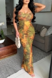 Orange Tie Dye Print Sleeveless Backless Belted Spaghetti Strap Long Formal Evening Party Bodycon Maxi Dress