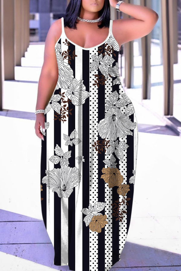 White Black Floral Print Backless Spaghetti Strap Floor Length Vacation Baggy Sundress Maxi Slip Dress