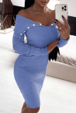 Navy Blue Street Pearls Decor Off Shoulder Long Sleeve Wrapped Skirt Knitted Bodycon Sweater Midi Dresses