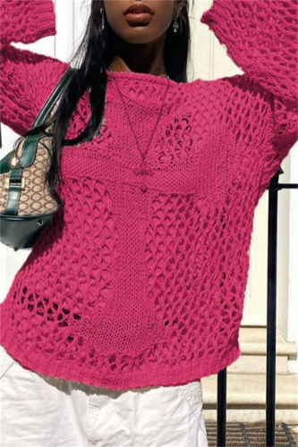 Apricot Casual Hollow Out O Neck Long Sleeve Beach Sweater