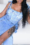 Blue Faux Denim Print Backless Sleeveless Belted One Piece Bodysuit Cover Up Side Slit Maxi Skirt Two Pieces Dress Sets