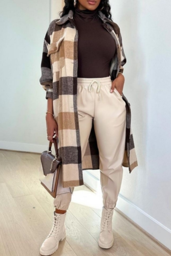Brown Casual Plaid Print Pocket Turndown Collar Long Sleeve Longline Cardigan Jackets