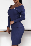 Navy Blue Street Pearls Decor Off Shoulder Long Sleeve Wrapped Skirt Knitted Bodycon Sweater Midi Dresses