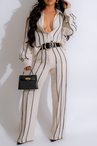 Apricot Casual Striped Print Shirt Collar Long Sleeve Buttons Blouse And Wide Leg Pants Vacation Two Pieces Trouser Sets