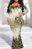 Casual Leopard Print Gradient O Neck Long Sleeve Mermaid Hem Long Plus Size Evening Party Bodycon Maxi Dress