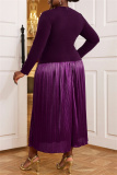Dark Purple Casual 3D Flowers Decor Oblique Collar Long Sleeve Evening Party Formal Office Lady Pleated Maxi Dresses