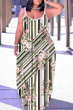 White Black Floral Print Backless Spaghetti Strap Floor Length Vacation Baggy Sundress Maxi Slip Dress