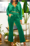 Rose Red Casual Zipper Turndown Collar Long Sleeve Jackets And Flare Leg Pants Formal Office Lady Two Pieces Velvet Trouser Sets