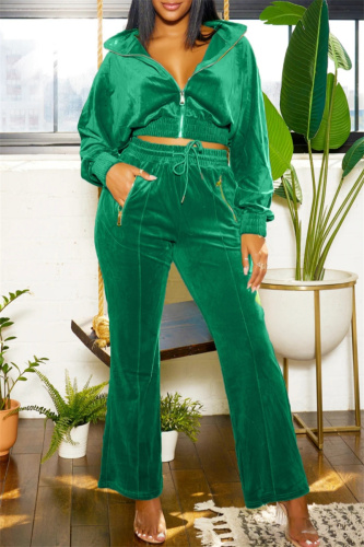 Rose Red Casual Zipper Turndown Collar Long Sleeve Jackets And Flare Leg Pants Formal Office Lady Two Pieces Velvet Trouser Sets