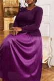 Dark Purple Casual 3D Flowers Decor Oblique Collar Long Sleeve Evening Party Formal Office Lady Pleated Maxi Dresses