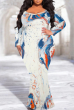 Casual Leopard Print Gradient O Neck Long Sleeve Mermaid Hem Long Plus Size Evening Party Bodycon Maxi Dress
