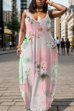 Teal Floral Print Backless Spaghetti Strap Floor Length Vacation Baggy Sundress Maxi Slip Dress