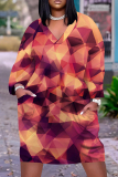 Red Casual  Graphics Print Basic V Neck Short Sleeve Pockets Loose Midi T-shirt Dress