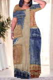 Dark Blue Multicolor Faux Denim Print Long Sleeve Floor Length Loose Vacation Baggy Maxi Dress