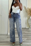 Light Blue Casual High Waist Tassel Cross Hip-Hop Straight Leg Denim Jeans