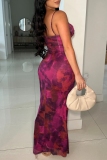 Orange Tie Dye Print Sleeveless Backless Belted Spaghetti Strap Long Formal Evening Party Bodycon Maxi Dress