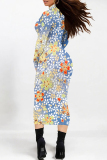 Off-white Street Geometric Flowers Print Half A Turtleneck Long Sleeve Bodycon Midi Dresses