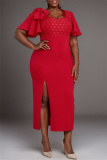Red Bow Decor Square Neck Ruffle Sleeve One Step Skirt Side Slit Formal Evening Party Wedding Guest Bodycon Maxi Dress