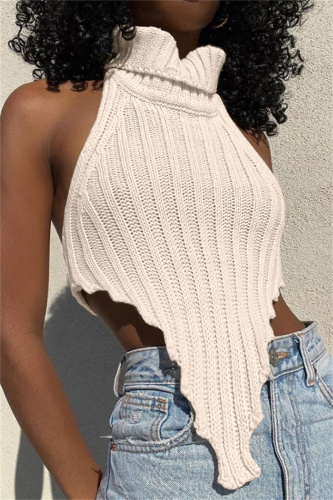 Black Sleeveless Backless High Neck Woolen Vest Halter Sweater