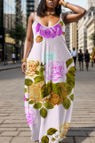 Teal Floral Print Backless Spaghetti Strap Floor Length Vacation Baggy Sundress Maxi Slip Dress