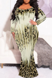 Casual Leopard Print Gradient O Neck Long Sleeve Mermaid Hem Long Plus Size Evening Party Bodycon Maxi Dress