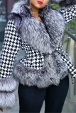 Black White Houndstooth Print Casual Turndown Collar Long Sleeve With Belt Silver Fox Fur Coats