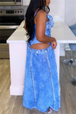 Blue Faux Denim Print Backless Sleeveless Belted One Piece Bodysuit Cover Up Side Slit Maxi Skirt Two Pieces Dress Sets