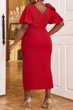 Red Bow Decor Square Neck Ruffle Sleeve One Step Skirt Side Slit Formal Evening Party Wedding Guest Bodycon Maxi Dress