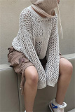 Apricot Casual Hollow Out O Neck Long Sleeve Beach Sweater