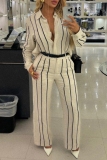 Apricot Casual Striped Print Shirt Collar Long Sleeve Buttons Blouse And Wide Leg Pants Vacation Two Pieces Trouser Sets