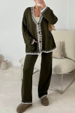 Off White Casual V Neck Long Sleeve Knitted Single-Breasted Jackets And Pants Two Piece Loungewear Outfit