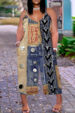 Dark Blue Casual Boho Faux Denim Print V Neck Sleeveless Vacation Plus Size Wide Leg Cami Jumpsuits