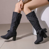 Casual Bow Decor Round Knee High Heel Mid Calf Boots