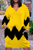 Yellow Black Graphcis Print V Neck Long Sleeve Pockets Casual Straight Loose Midi T-Shirt Dress