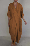 Green Casual Pocket Slit V Neck Half Sleeve Long Loose Vacation Cotton And Linen Maxi Dresses