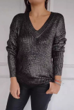 Silver Gray Casual V Neck Long Sleeve Knitted Sweater